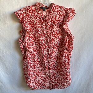 Lauren Ralph Lauren brick red and ivory floral print crepe blouse, size XL
